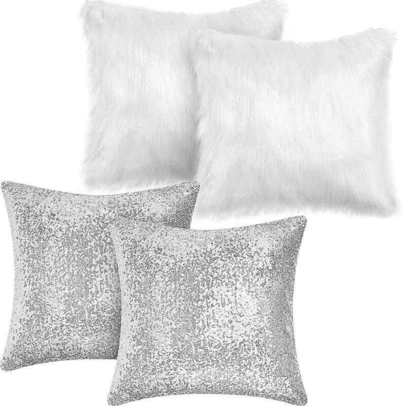 Photo 1 of 
Irenare 4 Pcs Sequin and Fluffy Pillow Cases Winter Faux Fur Throw Pillow Covers Glitter Pillow Cases Soft Fuzzy Cushion Cover for Couch Bed Sofa Christmas Day
Size:18 x 18-Inch