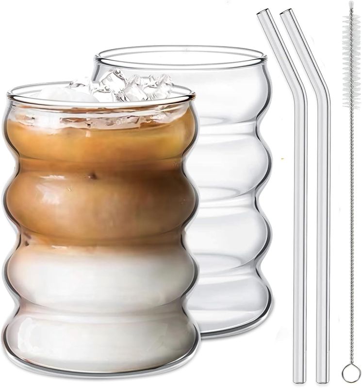 Photo 1 of 2 Pcs Drinking Glasses with Glass Straw 14oz Glassware Set,Cocktail Glasses,Iced Coffee Glasses,Beer Glasses,Ideal for Water,Soda,Tea,Gift - with Cleaning Brushe