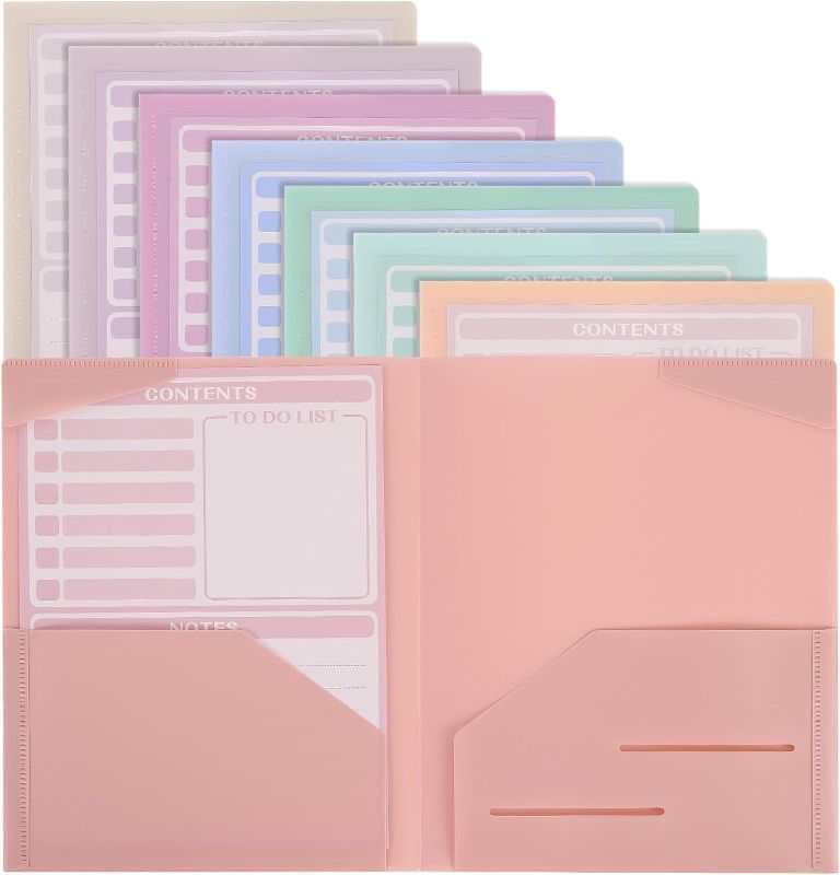 Photo 1 of EOOUT Plastic Folders with Pockets and Prongs, Folders with Clear Front Pockets, 8 Pack Plastic File Folders, Pastel Colors, Heavy Duty for Office and School