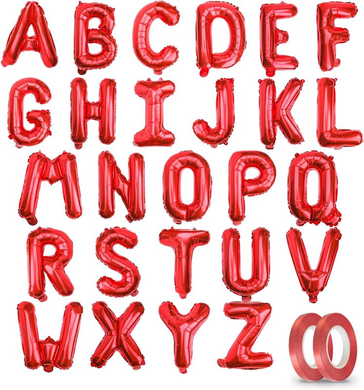 Photo 1 of 16 inches A-Z 26 Letter Red Foil Mylar Letter Balloons with 2 Rolls Ribbon Mega Pack, Aluminum Hanging Foil Film Alphabet Letter (Red, A-Z with Ribbon), BL 852