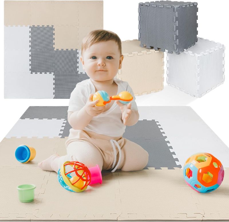 Photo 1 of Foam Play Mat for Babies – Interlocking Puzzle Floor Tiles & Baby Play Mat (Cream-Gray-Beige)