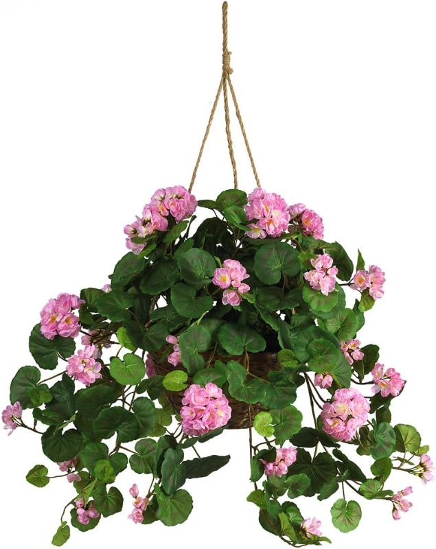 Photo 1 of ***MISSING ROPE FOR WINDING***Nearly Natural 6609-PK 24in. Geranium Hanging Basket Silk Plant,Pink