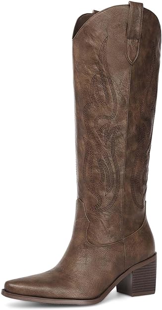 Photo 1 of (11) Pasuot Western Cowboy Boots for Women - Knee High Wide Calf Cowgirl Boots with Classic Embroidered, Slip On Pointed Toe Chunky Heel Fashion Retro Classic Pull On Tall Boot for Girls Ladies Fall Winter