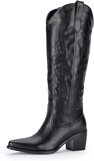 Photo 1 of (11) Pasuot Western Cowboy Boots for Women - Knee High Wide Calf Cowgirl Boots with Classic Embroidered, Slip On Pointed Toe Chunky Heel Fashion Retro Classic Pull On Tall Boot for Girls Ladies Fall Winter