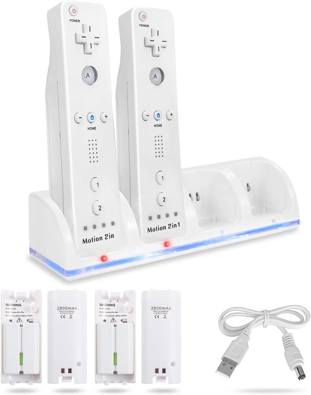 Photo 1 of 4-in-1 Charging Station for Wii&Wii U Remote Controller,Charger with 4 Rechargeable Battery Packs (4 Port Charging Station+4 pcs 2800mAh Replacement...