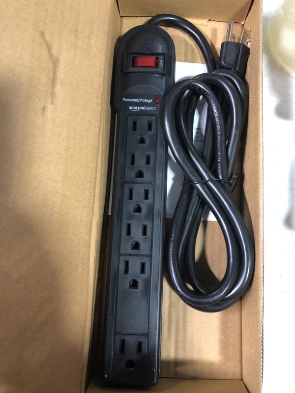 Photo 2 of Amazon Basics 6-Outlet Surge Protector Power Strip, 6-Foot Long Cord, 790 Joule - Black Black 1-Pack Strip