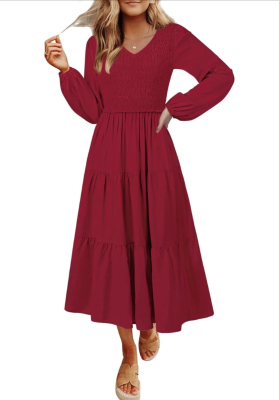 Photo 1 of MEROKEETY Women's 2024 Casual Long Sleeve Smocked Dress V Neck High Waist Ruffle Tiered Midi Dresses