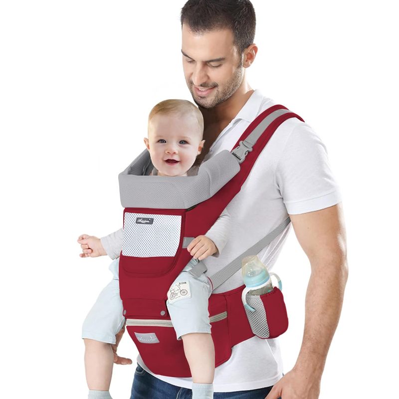 Photo 1 of IULONEE Newborn Baby Carrier Ergonomic Infant Carrier with Hip Seat Lumbar Support Multi-Position Front and Back Carry for Newborn, Infant & Toddler 3 Months to 3 Years 7-45lbs (Red)