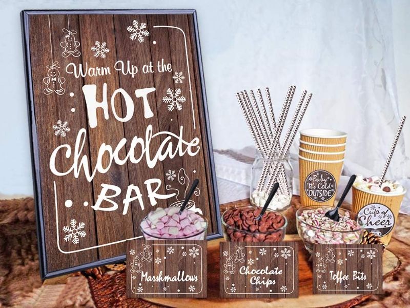 Photo 1 of FaCraft Hot Chocolate Bar Kit Luxury Supplies -Sign Labels Tags,Table Cards,Spoons and Straws for Holiday Christmas Hot Chocolate Party Supplies Luxury,Wood Grain