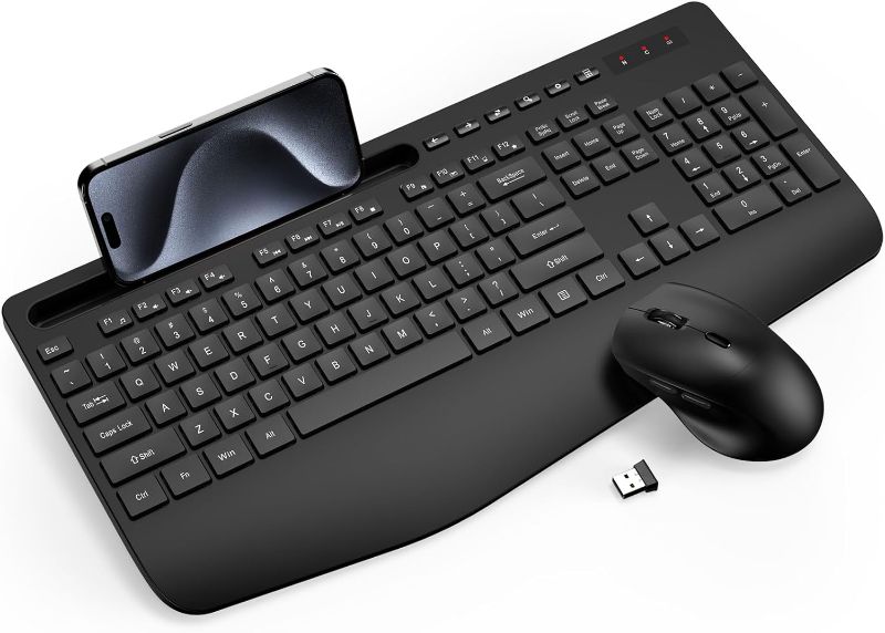 Photo 1 of Wireless Keyboard and Mouse Combo - Full-Sized Ergonomic Keyboard with Wrist Rest, Phone Holder, Sleep Mode, Silent 2.4GHz Cordless Keyboard Mouse Combo for Computer, Laptop, PC, Mac, Windows -Trueque
