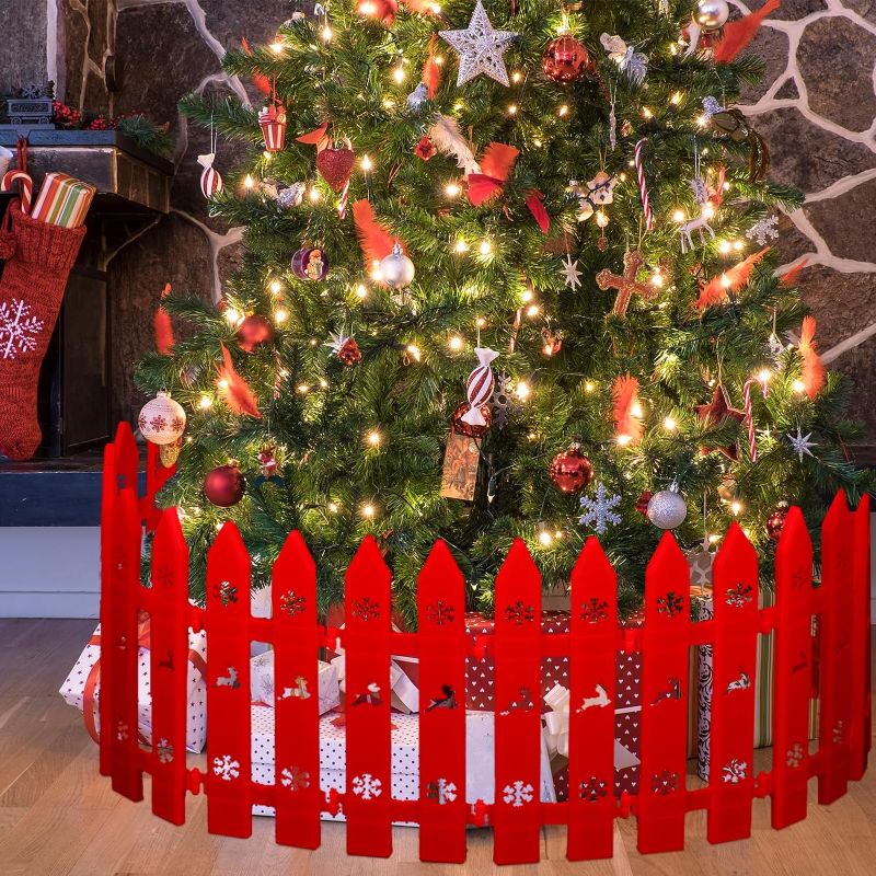 Photo 1 of 30 Pieces Christmas Tree Fences Thick Plastic Picket Fence Christmas Tree Fences Mini Fence Decoration for Home Garden Christmas Wedding Party, 12 Inches (Red)