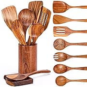 Photo 1 of 9 Piece Natural Teak Wooden Kitchen Utensil Set with Spoon Rest - Comfort Grip Cooking Spoons and Utensils Holder