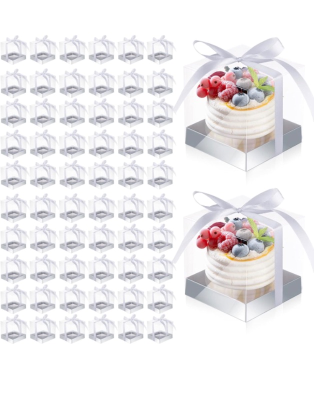 Photo 1 of 100 Pieces Individual Clear Cupcake Boxes 3.5 Inch Plastic Silver Cupcake Containers Single Cookie Carrier with Inserts and Ribbon Transparent Cupcake Holder for Wedding Birthday Party Favors