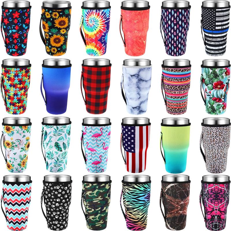 Photo 1 of 24 Pieces Reusable Iced Coffee Sleeves Cold Drinks Reusable Sleeves Neoprene Cup Insulator Sleeves Drinks Tumbler Sleeve Holder with Handle for 30-32 oz.