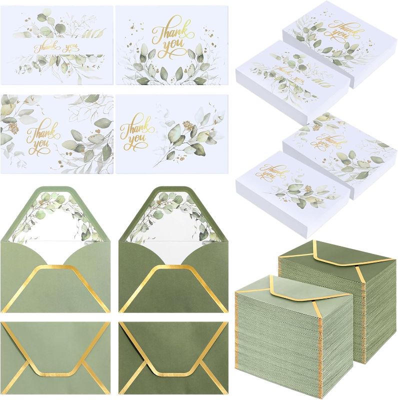 Photo 1 of 200 PK Sage Green Thank You Cards with Envelopes Bulk 5 x 3.5 Inches Watercolor Greenery Gold Foil Design Thank You Notes for Baby Shower Engagement Wedding Funeral Business Graduation