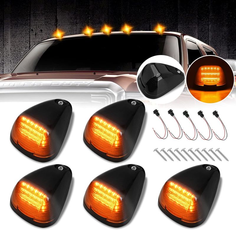 Photo 1 of D-Lumina Amber Lens LED Cab Roof Marker Lights for Fo-rd F150 F250 F350 F450 F550 F650 F750 E150 E250 E350 E450 1999-2016 Super Duty Pickup Trucks, Amber LED Top Clearance Running Lights, Pack of 5 Amber Lens-Amber