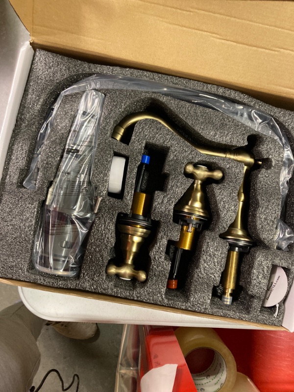 Photo 1 of gotonovo 8 Inch Centerset Widespread Bathroom Sink Faucet Brushed Gold Mixing Tap Deck Mount Double HOT and Cold Label Cross Knobs 3 Hole with ABS Pop Up Drain Vanity Faucets