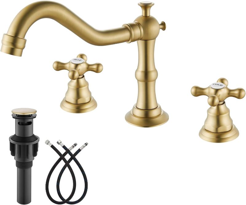 Photo 1 of gotonovo 8 Inch Centerset Widespread Bathroom Sink Faucet Brushed Gold Mixing Tap Deck Mount Double HOT and Cold Label Cross Knobs 3 Hole with ABS Pop Up Drain Vanity Faucets
