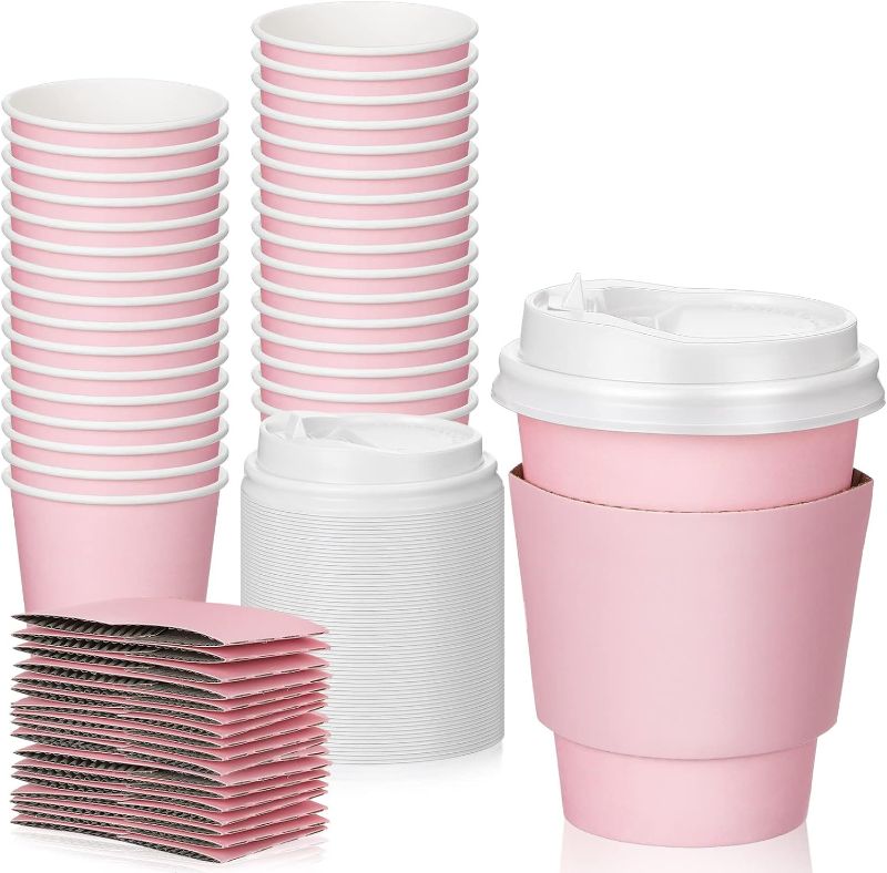 Photo 1 of 48 Pcs 12 oz Disposable Coffee Cups with Lids and Sleeves Bulk, Insulated Paper Cups Hot Chocolate Cups for Hot and Cold Beverage Water Juice Cocoa Tea Party Restaurants Travel Supplies (Pink)