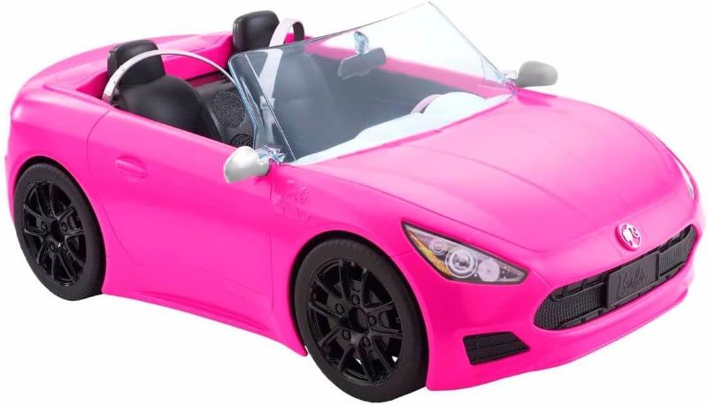 Photo 1 of Barbie Toy Car, Bright Pink 2-Seater Convertible with Seatbelts and Rolling Wheels, Realistic Details