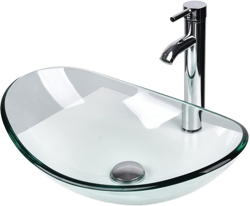 Photo 1 of Boat Shape Bathroom Glass Vessel Sink with Chrome Faucet and Pop-up Drain
