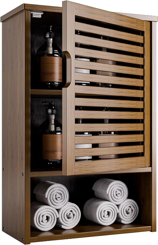 Photo 1 of Medicine Cabinet, Wall Hanging Cabinet with Adjustable Shelf, Bathroom Storage Organizer Over The Toilet with Single Door and Open Bottom Shelf, Walnut
