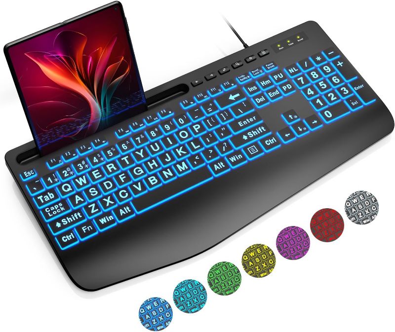 Photo 1 of SABLUTE Wired Backlit Large Print Computer Keyboards, Lighted USB Keyboards with 7-Color Backlit, Wrist Rest, Phone Holder, Easy to Read and Type for Laptop, PC, Windows, Desktop
