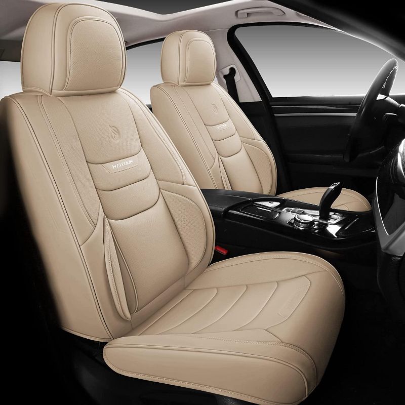 Photo 1 of HAIYAOTIMES Leather Car Seat Covers Full Set, Waterproof Faux Leather Seat Covers for Cars, Non-Slip Car Interior Covers Universal Fit for Most Cars Sedans Trucks SUVs, Beige Beige FULL SET