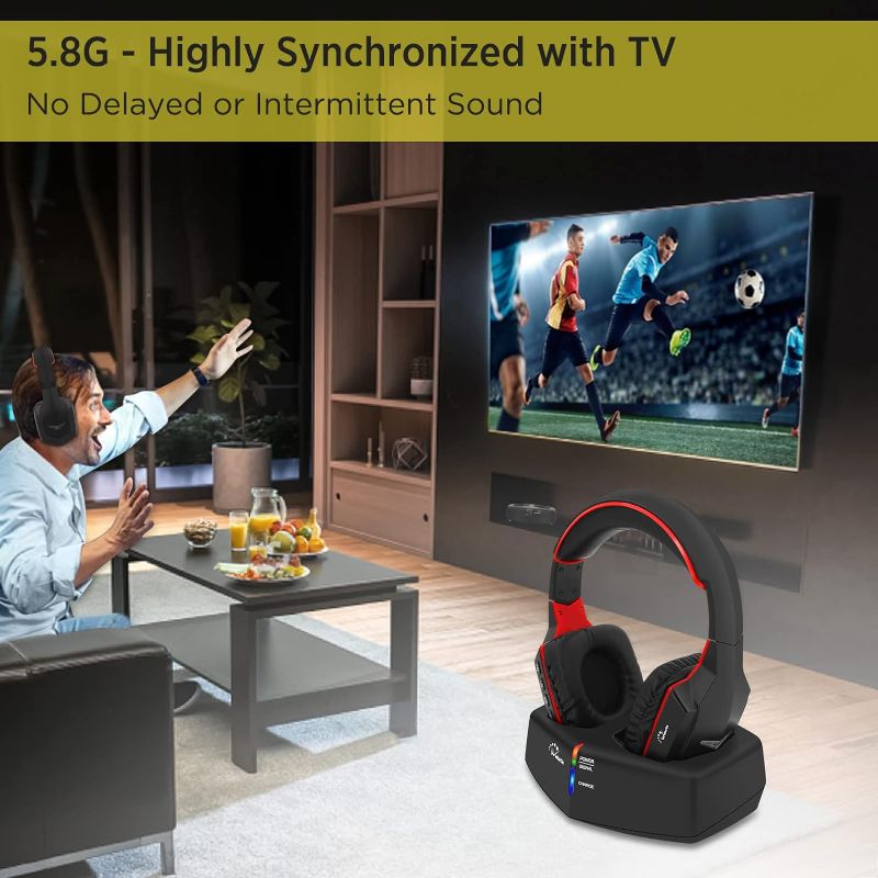 Photo 6 of 
 WallarGe Wireless Headphones for TV Watching with 5.8GHz RF Transmitter Charging Dock, Plug and Play, 100 Ft Wireless Range, Rechargeable 20 Hour Battery (Black with Red)
 
 
 
View in Your Room
Try with camera
Try with camera
 
 
 
 
