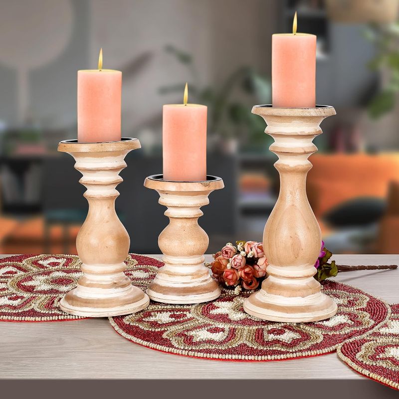 Photo 3 of  Candle Holder Stand Wooden, Candelabra, Candle Holder, Unity Candle Holder, Rounded Turned Colums, Country Style Idle Gift for Wedding, Christmas, Party, Home, Spa - 10,8,6 Inch- Set of 3 - White Wash
 
 
 
 
 
 
 
