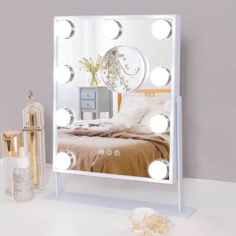 Photo 4 of Hansong Vanity Mirror with Lights with 9 LED Bulbs Makeup Mirror with Lights 3 Color Lighting Modes Lighted Vanity Makeup Mirror 360 Degree Rotation White