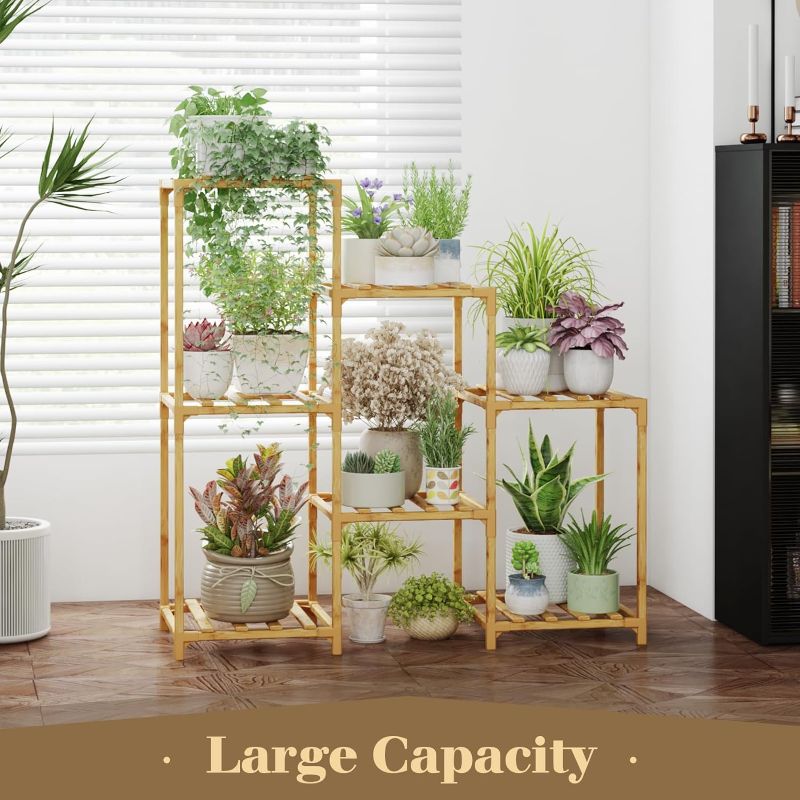 Photo 1 of  Bamboo Plant Stand Indoor Boho Plant Shelf Tiered Plant Rack for Multiple Plants 3 Tiers 7 Pots Ladder Plant Holder Plant Table for Plant Pots Home Decor for Gardening Gifts Nature Color
