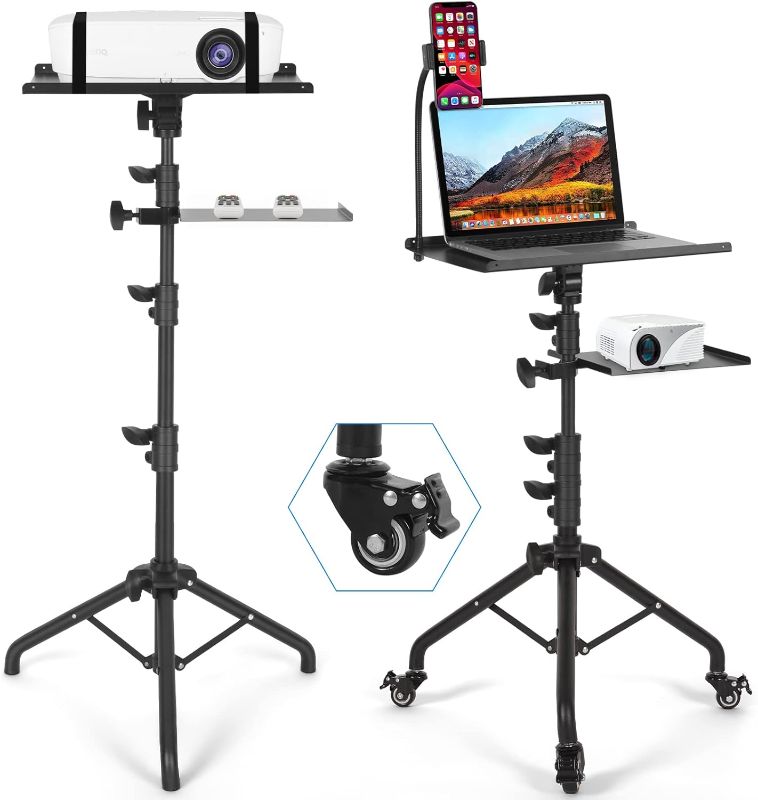 Photo 1 of Laptop Tripod on Wheels with 2 Shelves, Portable Projector Floor Stand Adjustable Height 25.9 to 51.8 Inch with Phone Holder