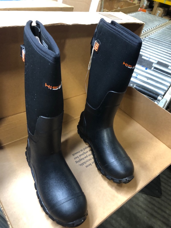Photo 1 of HISEA Upgraded Rain Boots for Men, Waterproof Insulated Rubber Neoprene Boots with Steel Shank, Durable Anti-Slip Outdoor Work Boots for Hunting Gardening Farming Fishing Mud Working, Adjustable Calf 9 Black