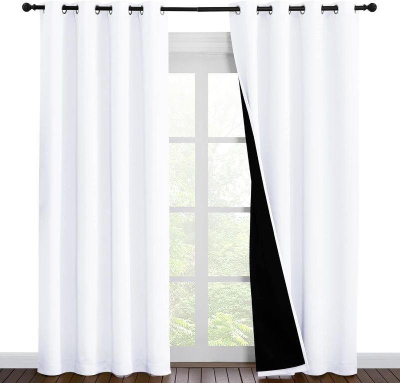 Photo 1 of  100% Blackout Window Curtain Panels, Cold and Full Light Blocking Drapes with Black Liner for Nursery, 86 inches Drop Thermal Insulated Draperies (White, 2 Pieces, 55 inches Wide Each Panel)