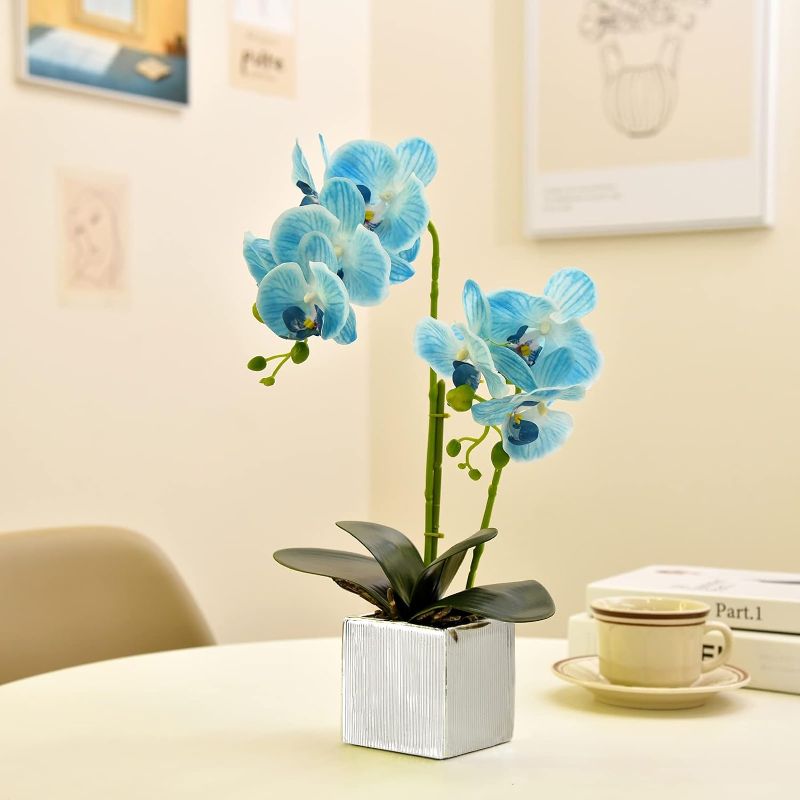Photo 3 of YSZL Artificial Potted Orchid Faux Phalaenopsis Silk Flowers Bonsai Realistic Arrangement in Silver Vase for Home Decoration Table Centerpiece, Blue A/Ceramic-blue