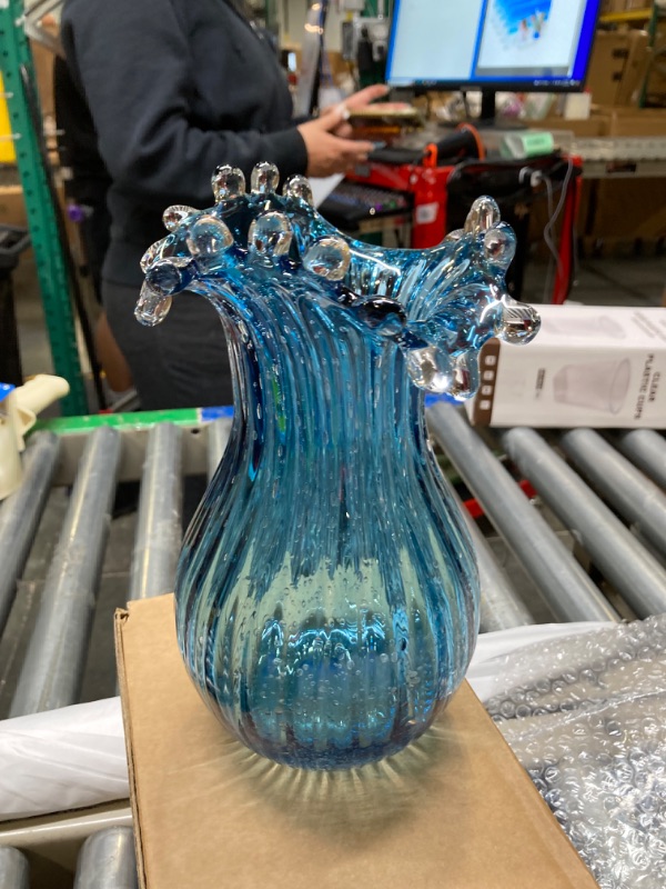 Photo 2 of 8inch Blown Glass Bubble Vase Collection Modern Art Flower Vase Decoration for Home Decor Living Room,Office,Centerpiece,Table and Wedding,Blue Style-2