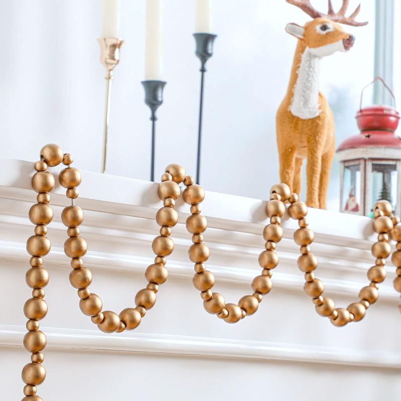 Photo 1 of 12 Feet Christmas Wooden Beads Xmas Bead Garland Round Craft Bead Garland Farmhouse Bead Garland Vintage Wooden Beads for Christmas Decoration Supplies (Gold)