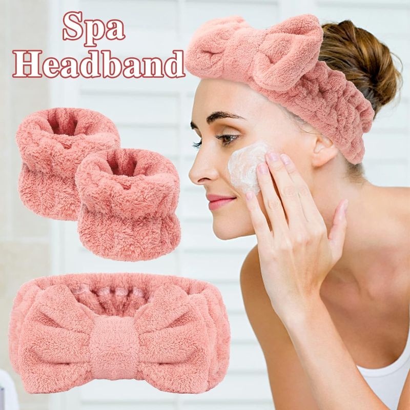 Photo 1 of BESARME 3 Pieces Face Wash Headband and Wristband Set, Spa Headband Makeup Skincare Headbands Wrist Bands for Washing Face, Towel Headband for Women Skin Care (Pink)