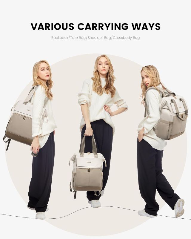 Photo 2 of LOVEVOOK Laptop Backpack for Women, 15.6 Inch Work Laptop Bag with USB Port, Fashion Teacher Nurse Backpack Purse, Waterproof Travel Computer Backpack with Organizer Bag, 2PCS, Beige-Khaki