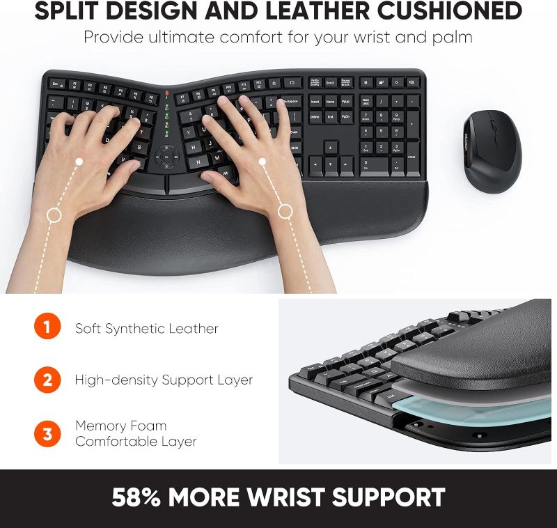 Photo 1 of MEETION Ergonomic Wireless Keyboard and Mouse, Ergo Keyboard with Vertical Mouse, Split Keyboard with Cushioned Wrist, Palm Rest, Natural Typing, Rechargeable, Full Size, Windows/Mac/Computer/Laptop
