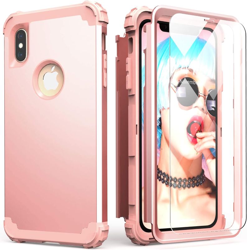 Photo 1 of IDweel for iPhone Xs Max Case with Tempered Glass Screen Protector, 3 in 1 Shock Absorption Heavy Duty Protection Hard PC Cover Soft Silicone Bumper Full Body Sturdy Case, Rose Gold
