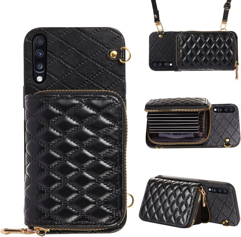 Photo 1 of Compatible with Samsung Galaxy A70 Zipper Wallet Case with Crossbody Shoulder Strap, 8 Card Slots and Leather Stand Full Body Accessories Cell Phone Cover for A70S A 70 70A S70 Women Black