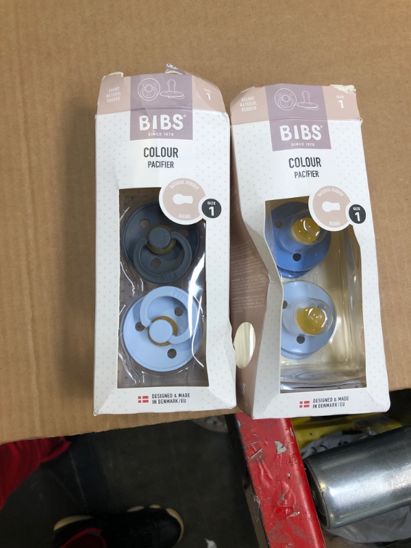 Photo 1 of BIBS Pacifiers - Colour 4 Pack | Round Nipple Baby Pacifier | BPA Free Natural Rubber Latex Soother | Made in Denmark | Size 6-18 Months | Blue Colors 1 Count (Pack of 4) Blue Colors
***opened but not used**
