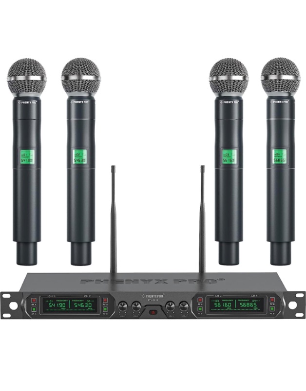 Photo 1 of Phenyx Pro Wireless Microphone System, 4-Channel UHF Wireless Mic, Fixed Frequency Metal Cordless Mic with 4 Handheld Dynamic Microphones, 260ft Range, Microphone for Singing,Church(PTU-5000-4H)