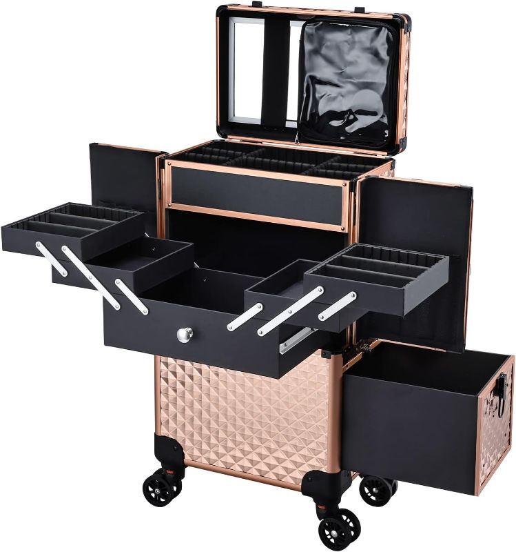 Photo 1 of azzo Professional Makeup Artist Rolling Train Case Multi-functional Cosmetic Train Case Large Trolley Storage Case for Nail Technicians Cosmetology Case for Hairstylist Rose Gold
