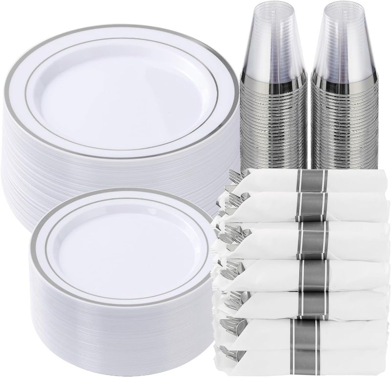 Photo 1 of 350 Piece Silver Plastic Dinnerware Set for 50 Guests, Fancy Disposable Plates for Party, Include: 50 Dinner Plates, 50 Dessert Plates, 50 Pre Rolled Napkins with Silver Silverware, 50 Cups