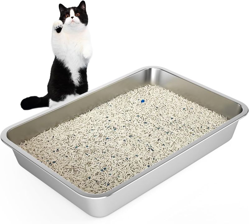 Photo 1 of Large Stainless Steel Cat Litter Box (23.5"L X 15.5"W X 4"H), Metal Litter Pan, Stainless Steel Litter Box for Cats Rabbits, Litter Pan Low Entry, Odorless, Nonstick, Rustproof, Easy to Clean
