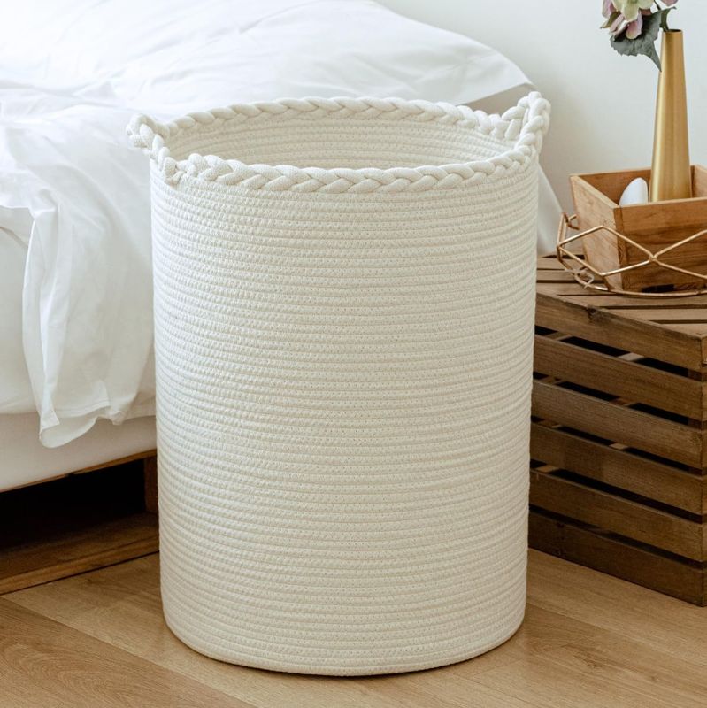 Photo 1 of 58L Woven Laundry Basket,Cotton Tall Laundry Hamper for Blankets,Clothes,Pillows,Toys,Shoes Large Laundry Bin White
