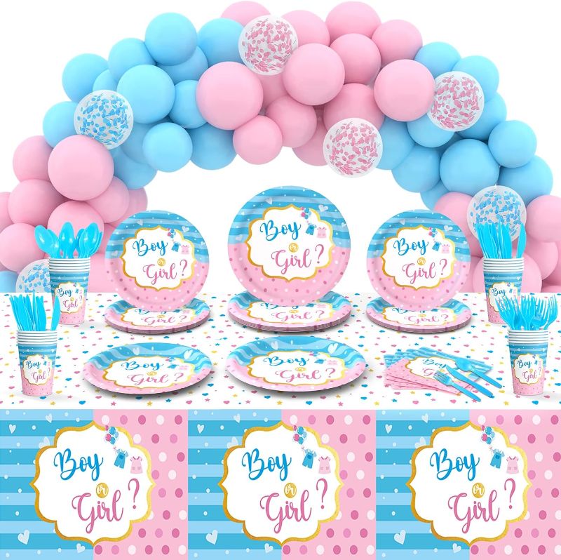 Photo 1 of 275Pcs Baby Gender Reveal Party Supplies Gender Reveal Decorations Boy or Girl Gender Reveal Plates Napkins Tablecloth Gender Reveal Balloon Arch Garland Pink and Blue Gender Reveal Baby Shower
